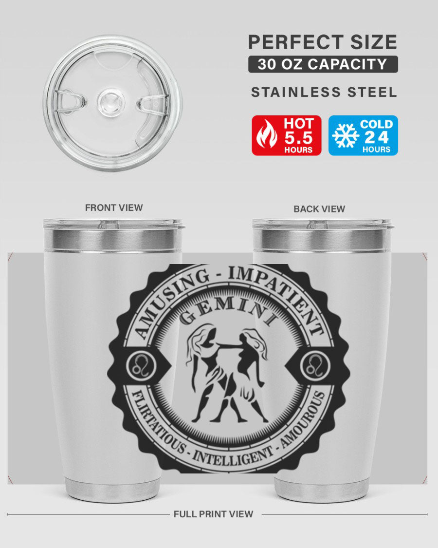 Gemini 11# zodiac tumbler in stainless steel with a vibrant design, showcasing its double wall vacuum insulation and drink-thru lid.