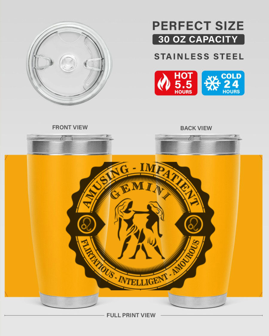 Gemini 11# zodiac tumbler in stainless steel with a vibrant design, showcasing its double wall vacuum insulation and drink-thru lid.