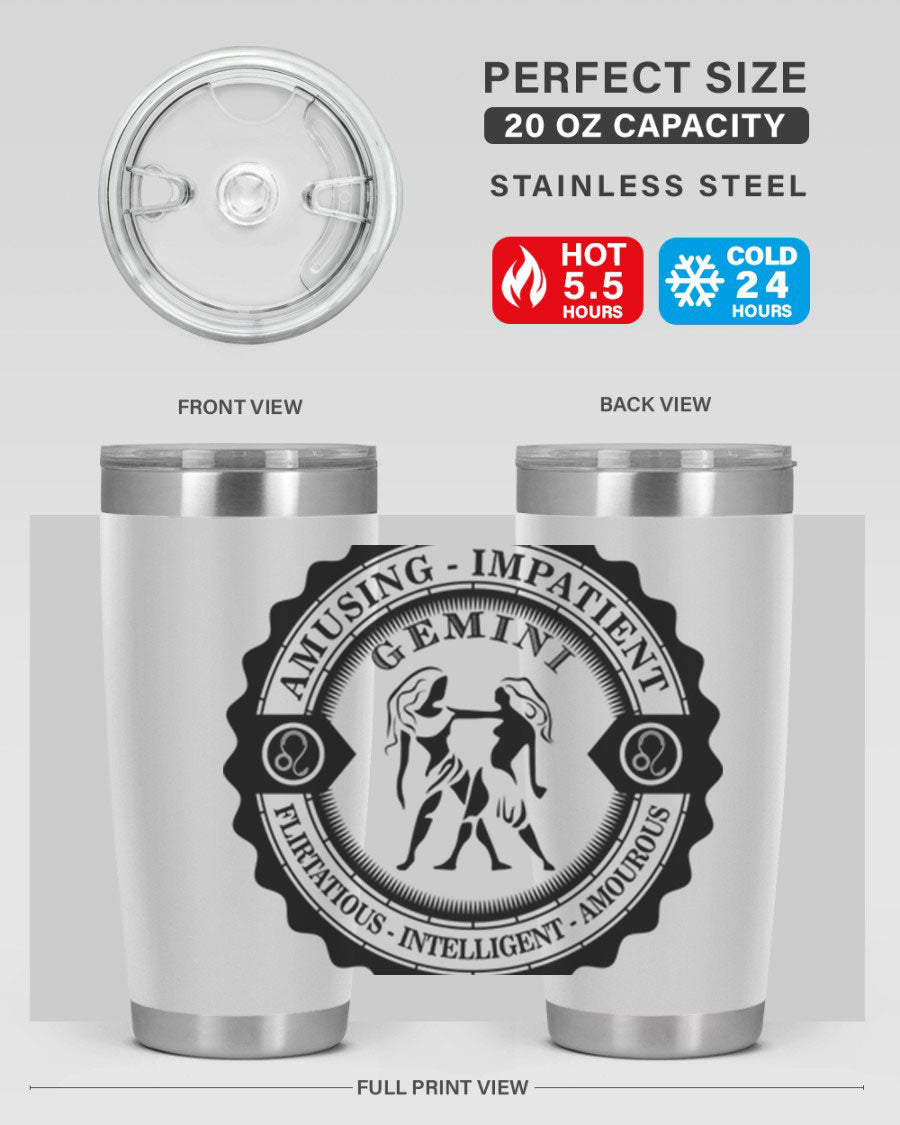 Gemini 11# zodiac tumbler in stainless steel with a vibrant design, showcasing its double wall vacuum insulation and drink-thru lid.