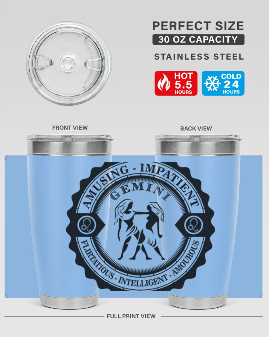 Gemini 11# zodiac tumbler in stainless steel with a vibrant design, showcasing its double wall vacuum insulation and drink-thru lid.