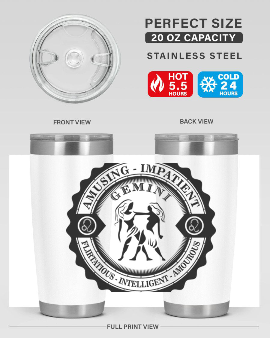 Gemini 11# zodiac tumbler in stainless steel with a vibrant design, showcasing its double wall vacuum insulation and drink-thru lid.