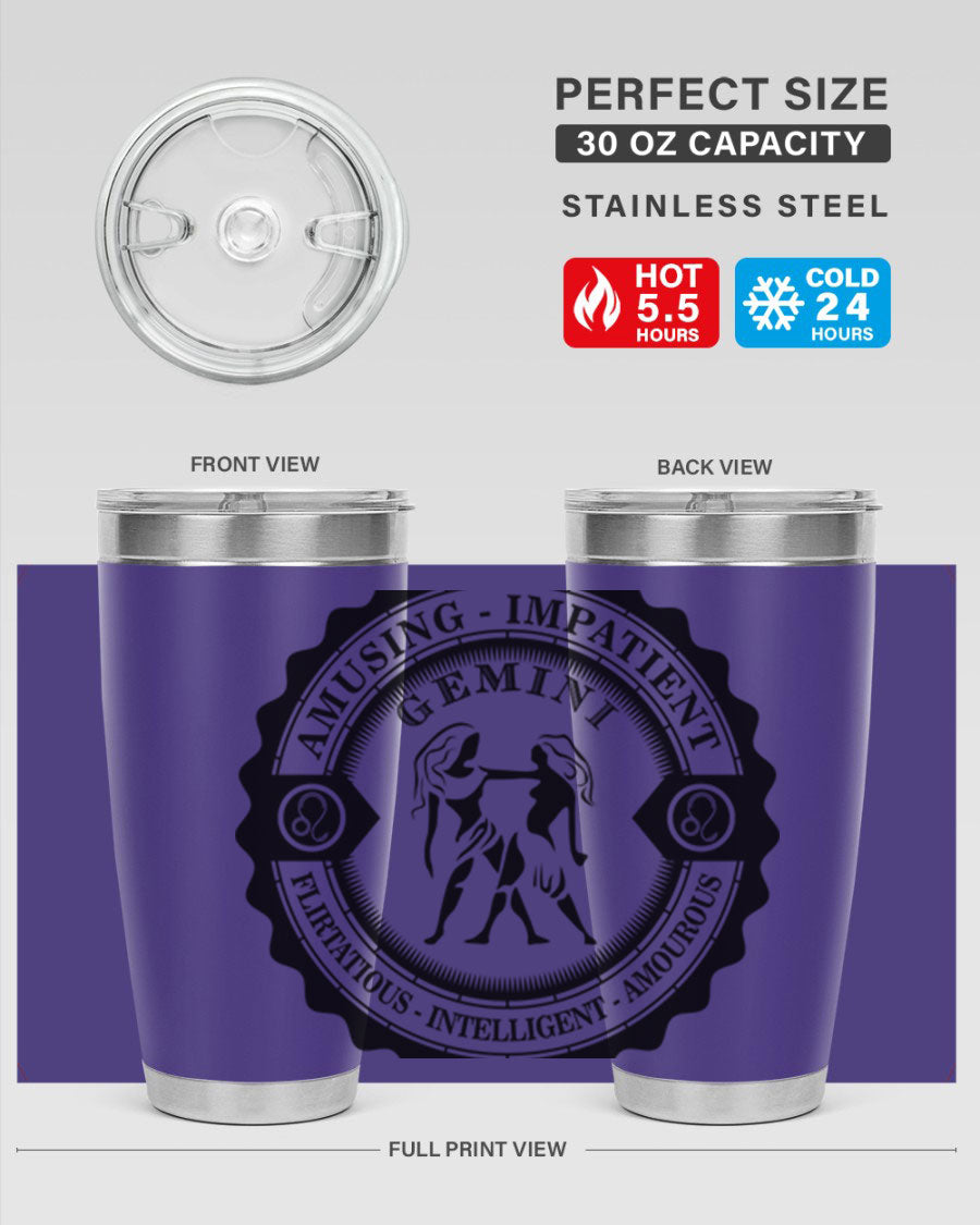 Gemini 11# zodiac tumbler in stainless steel with a vibrant design, showcasing its double wall vacuum insulation and drink-thru lid.