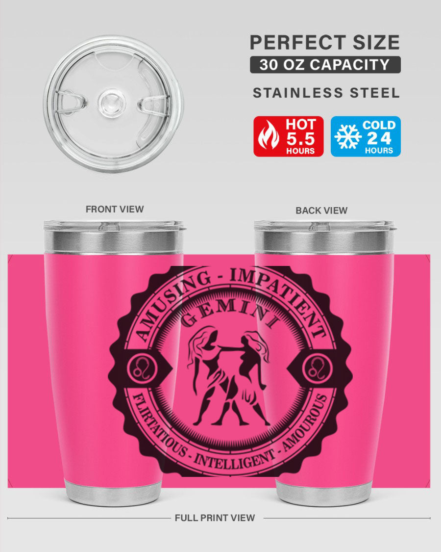 Gemini 11# zodiac tumbler in stainless steel with a vibrant design, showcasing its double wall vacuum insulation and drink-thru lid.