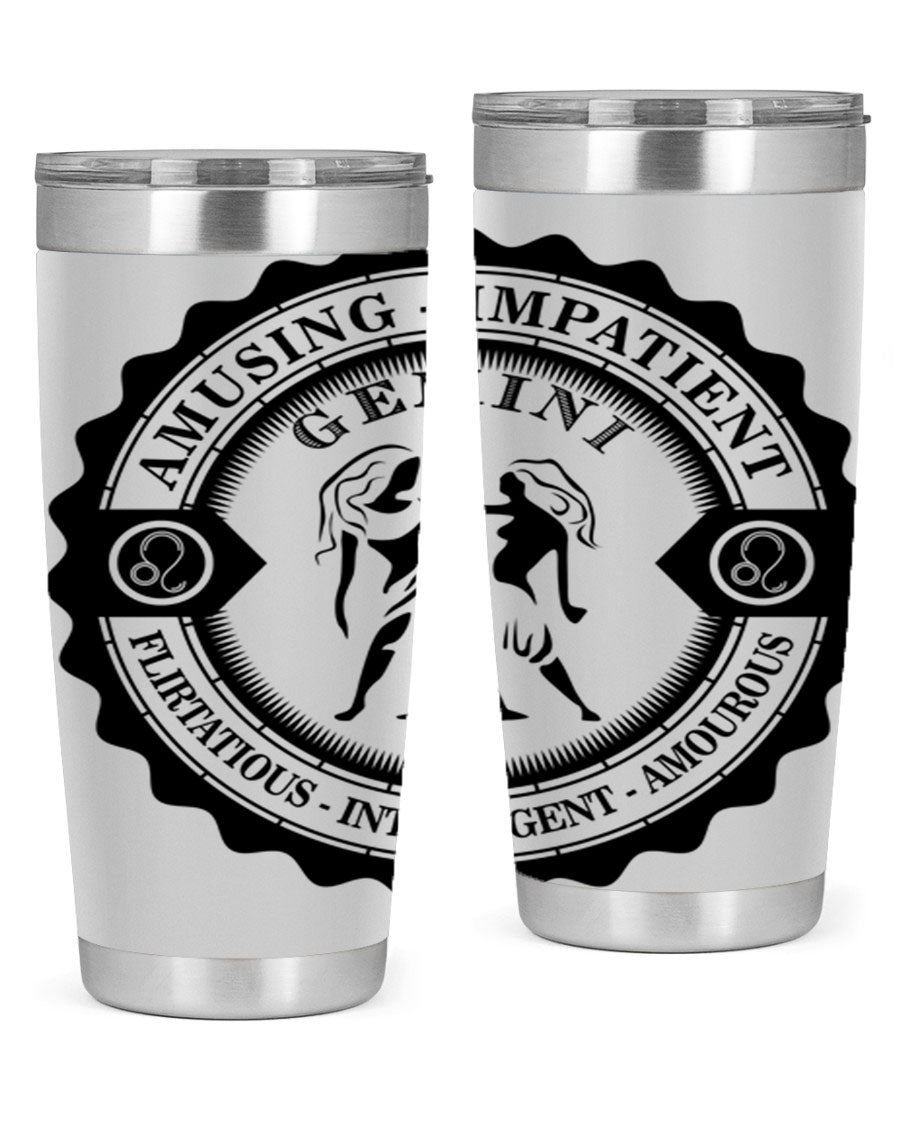 Gemini 11# zodiac tumbler in stainless steel with a vibrant design, showcasing its double wall vacuum insulation and drink-thru lid.