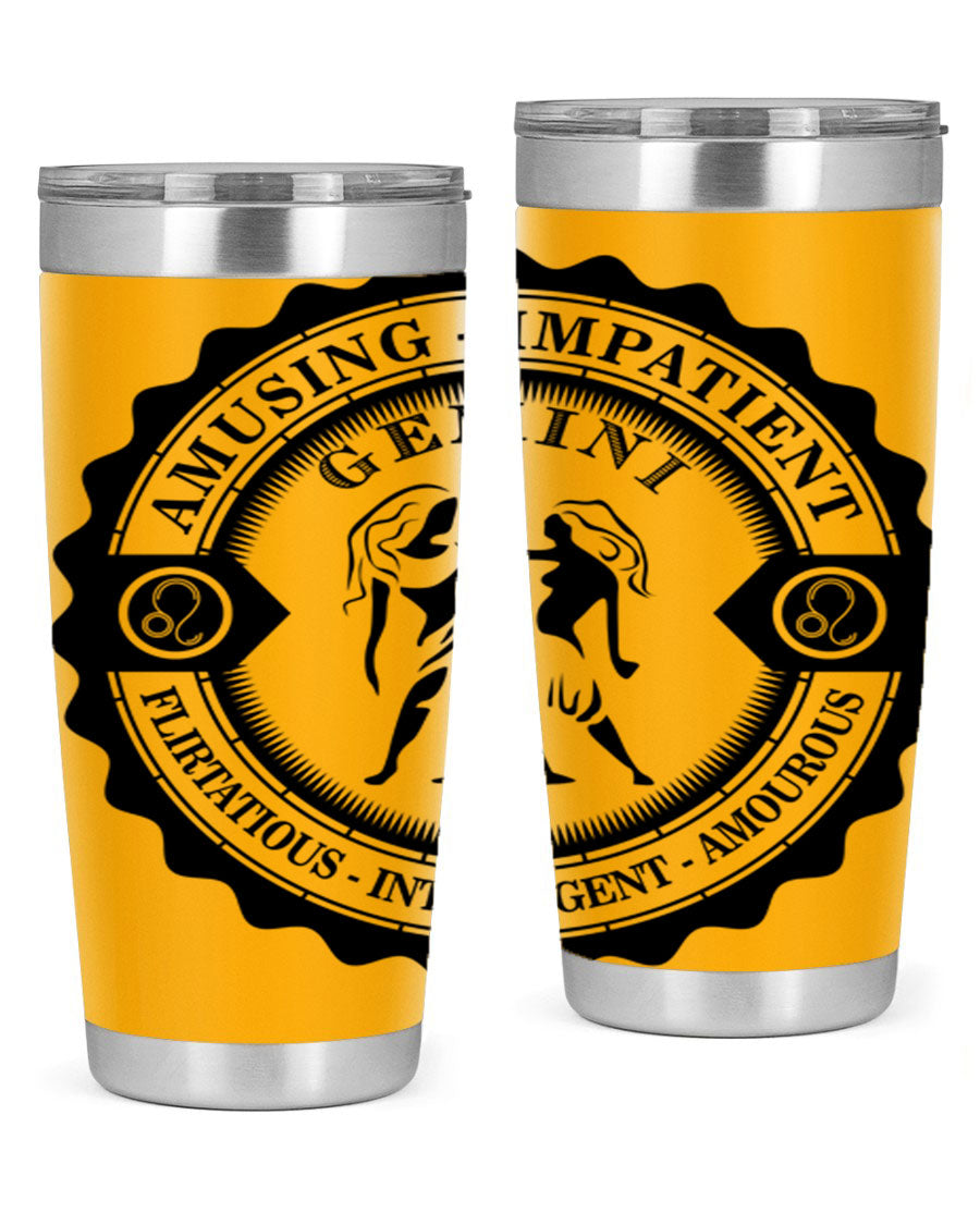Gemini 11# zodiac tumbler in stainless steel with a vibrant design, showcasing its double wall vacuum insulation and drink-thru lid.