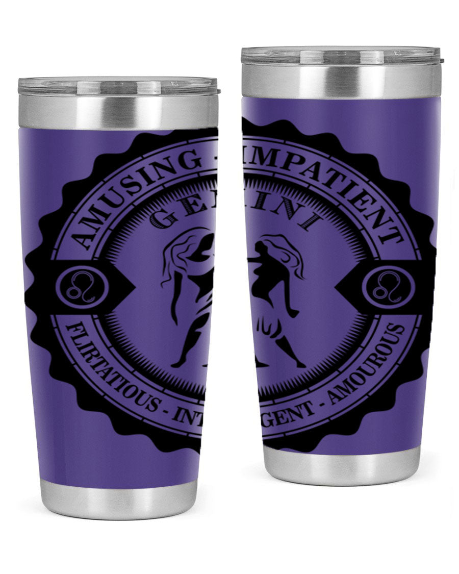 Gemini 11# zodiac tumbler in stainless steel with a vibrant design, showcasing its double wall vacuum insulation and drink-thru lid.