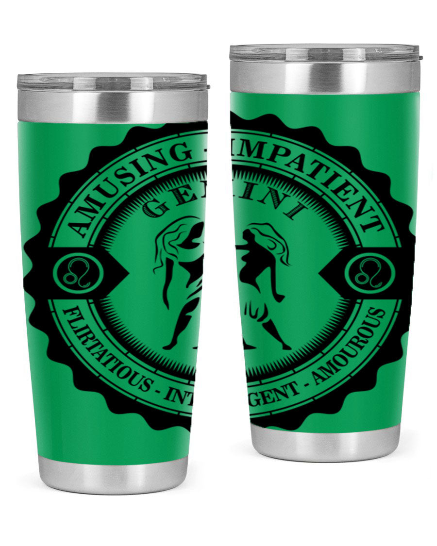 Gemini 11# zodiac tumbler in stainless steel with a vibrant design, showcasing its double wall vacuum insulation and drink-thru lid.