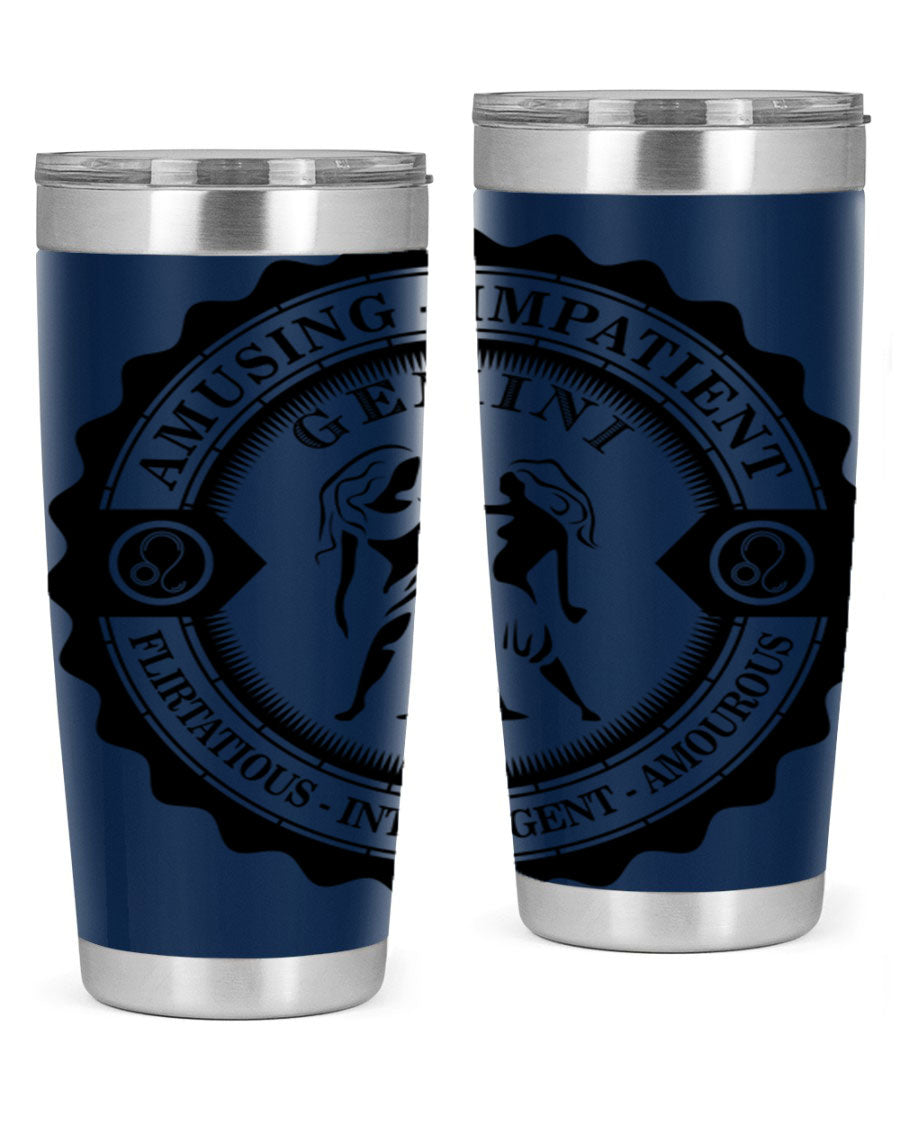 Gemini 11# zodiac tumbler in stainless steel with a vibrant design, showcasing its double wall vacuum insulation and drink-thru lid.