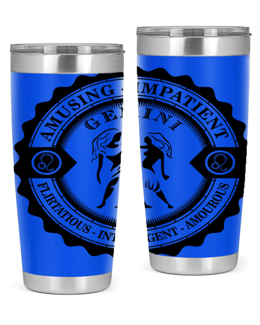 Gemini 11# zodiac tumbler in stainless steel with a vibrant design, showcasing its double wall vacuum insulation and drink-thru lid.