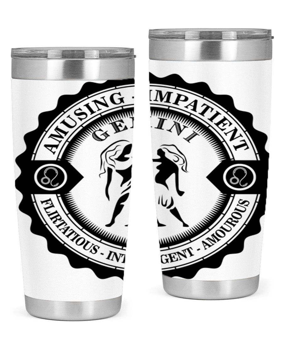 Gemini 11# zodiac tumbler in stainless steel with a vibrant design, showcasing its double wall vacuum insulation and drink-thru lid.