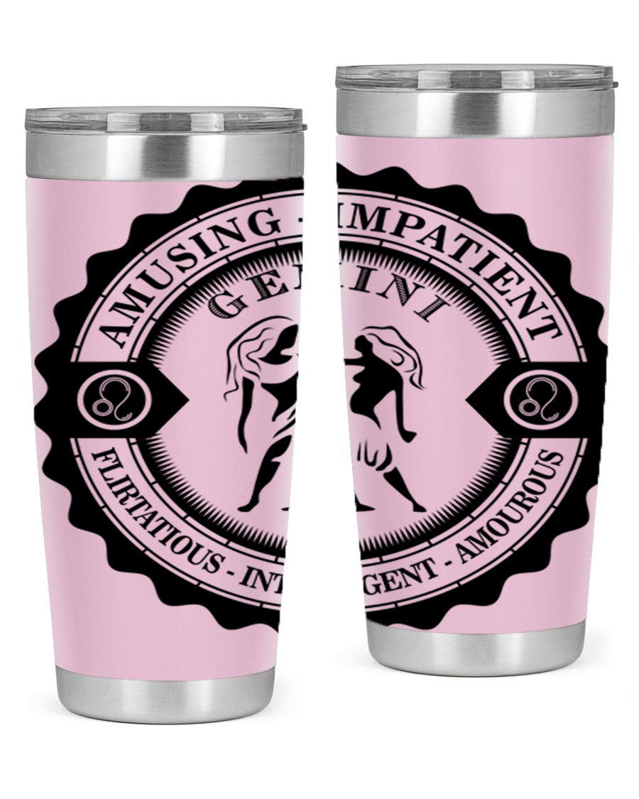 Gemini 11# zodiac tumbler in stainless steel with a vibrant design, showcasing its double wall vacuum insulation and drink-thru lid.