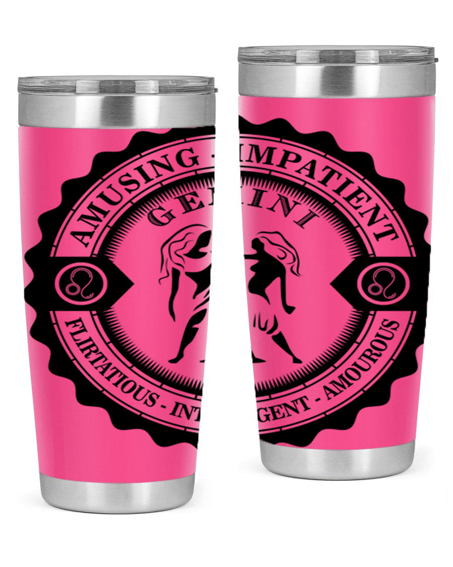 Gemini 11# zodiac tumbler in stainless steel with a vibrant design, showcasing its double wall vacuum insulation and drink-thru lid.