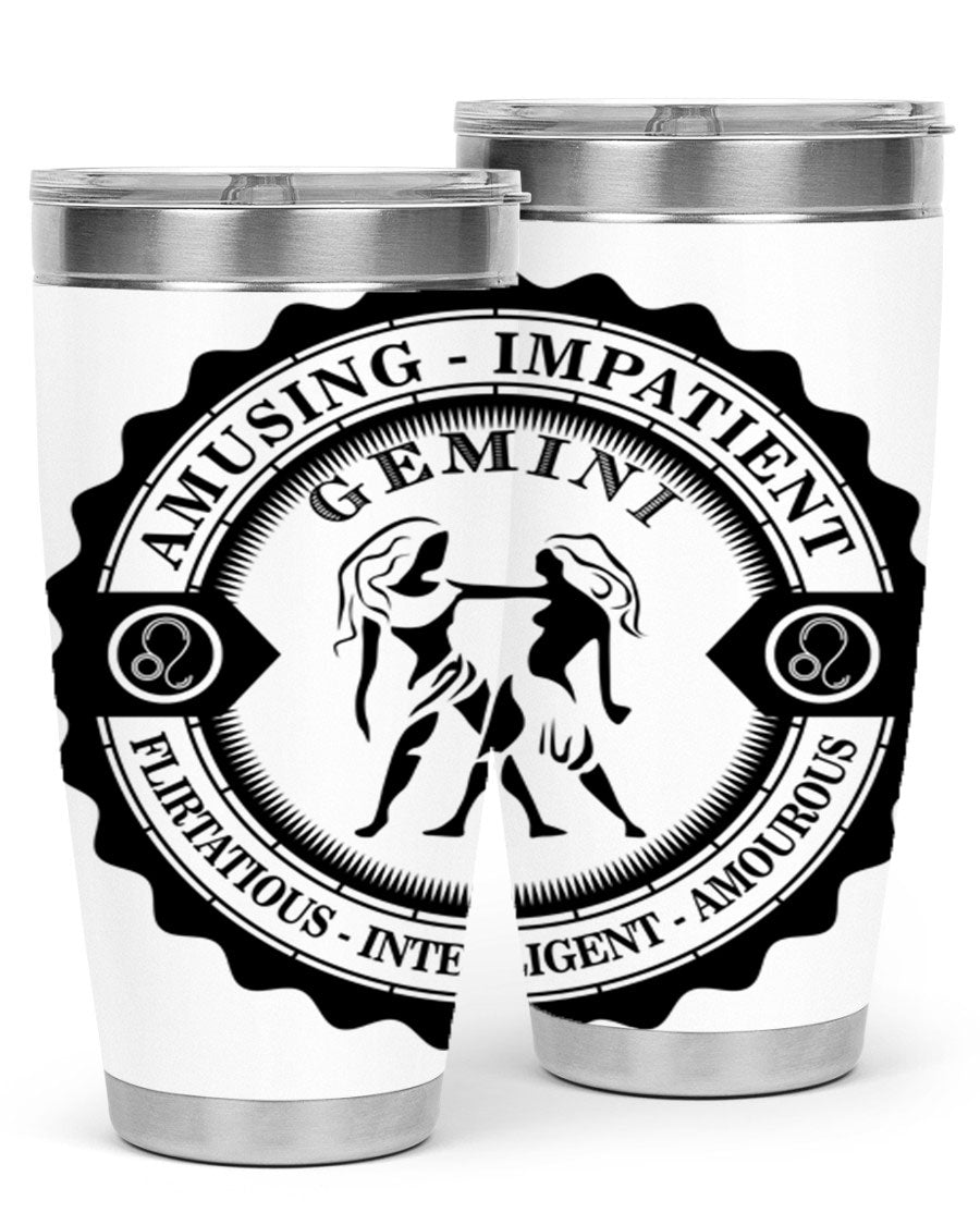 Gemini 11# zodiac tumbler in stainless steel with a vibrant design, showcasing its double wall vacuum insulation and drink-thru lid.