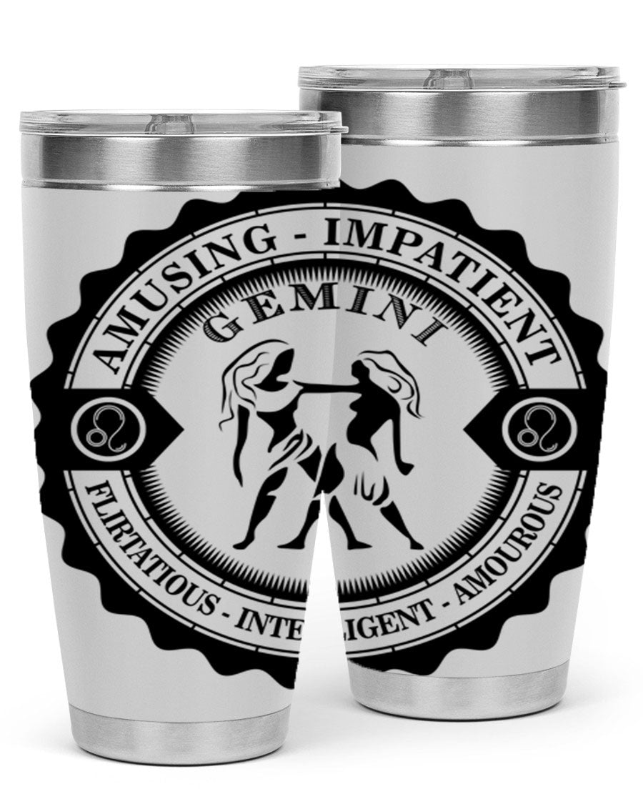 Gemini 11# zodiac tumbler in stainless steel with a vibrant design, showcasing its double wall vacuum insulation and drink-thru lid.