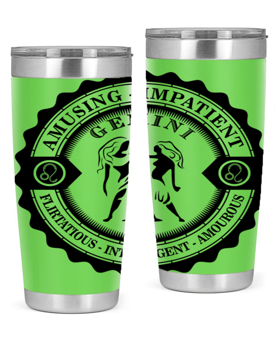 Gemini 11# zodiac tumbler in stainless steel with a vibrant design, showcasing its double wall vacuum insulation and drink-thru lid.