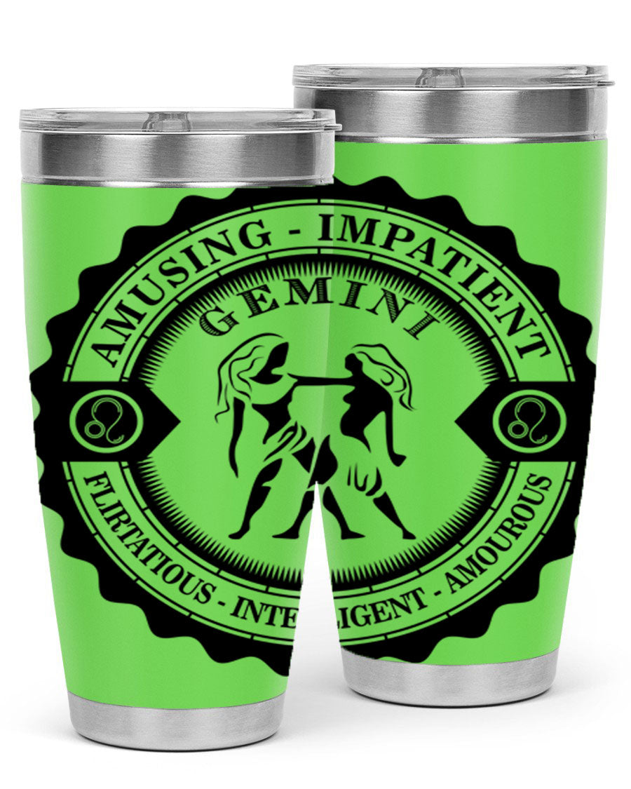 Gemini 11# zodiac tumbler in stainless steel with a vibrant design, showcasing its double wall vacuum insulation and drink-thru lid.