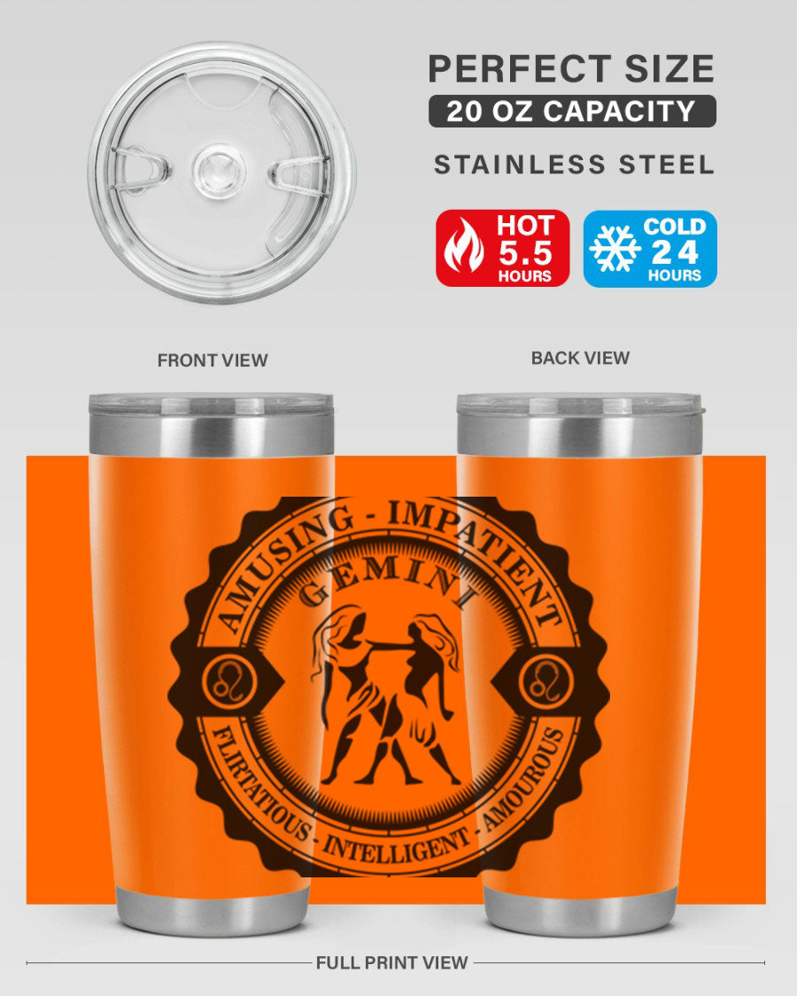 Gemini 11# zodiac tumbler in stainless steel with a vibrant design, showcasing its double wall vacuum insulation and drink-thru lid.