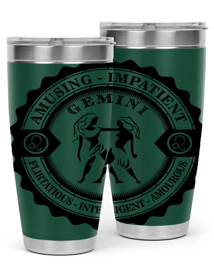 Gemini 11# zodiac tumbler in stainless steel with a vibrant design, showcasing its double wall vacuum insulation and drink-thru lid.
