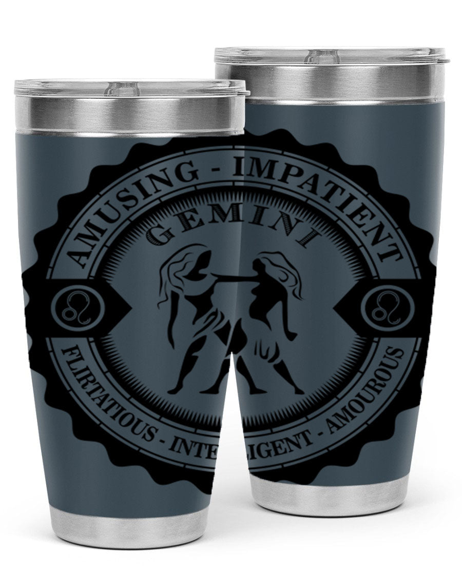 Gemini 11# zodiac tumbler in stainless steel with a vibrant design, showcasing its double wall vacuum insulation and drink-thru lid.