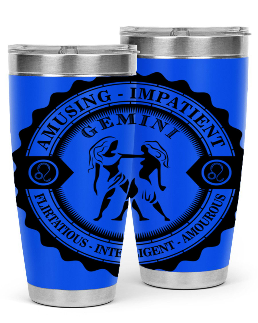 Gemini 11# zodiac tumbler in stainless steel with a vibrant design, showcasing its double wall vacuum insulation and drink-thru lid.
