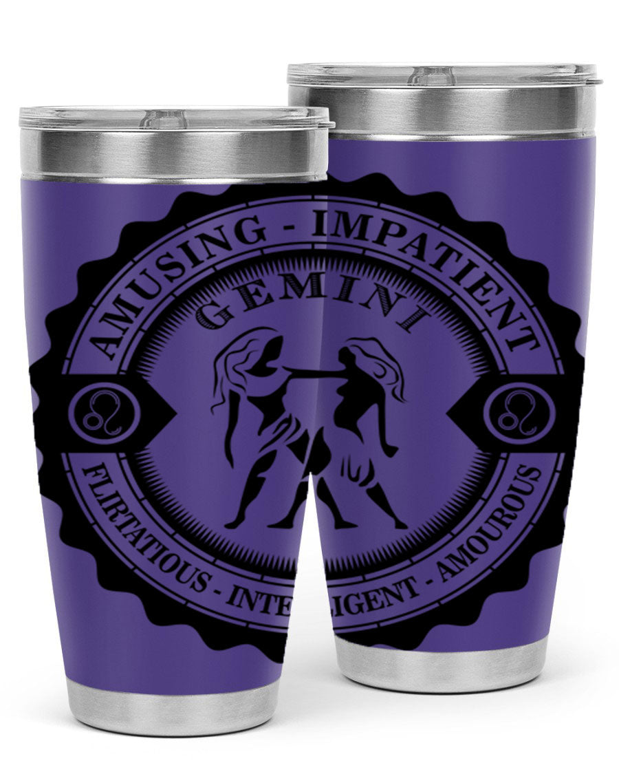 Gemini 11# zodiac tumbler in stainless steel with a vibrant design, showcasing its double wall vacuum insulation and drink-thru lid.