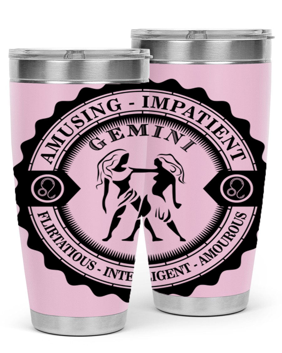 Gemini 11# zodiac tumbler in stainless steel with a vibrant design, showcasing its double wall vacuum insulation and drink-thru lid.