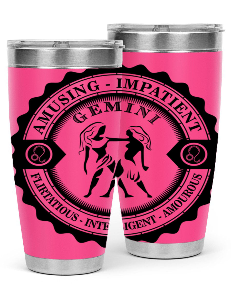 Gemini 11# zodiac tumbler in stainless steel with a vibrant design, showcasing its double wall vacuum insulation and drink-thru lid.