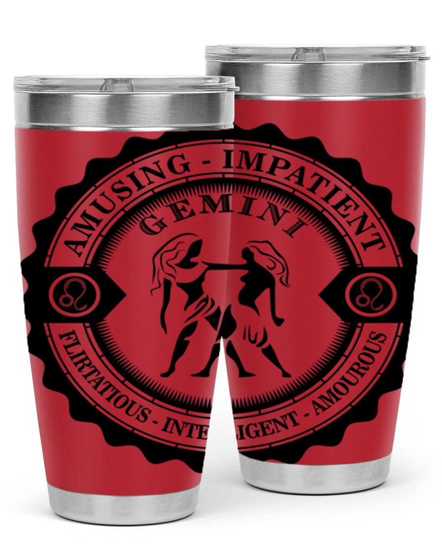 Gemini 11# zodiac tumbler in stainless steel with a vibrant design, showcasing its double wall vacuum insulation and drink-thru lid.