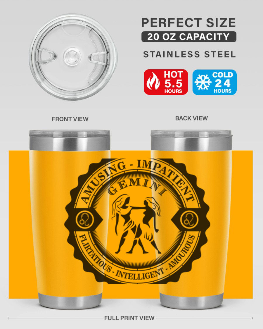 Gemini 11# zodiac tumbler in stainless steel with a vibrant design, showcasing its double wall vacuum insulation and drink-thru lid.