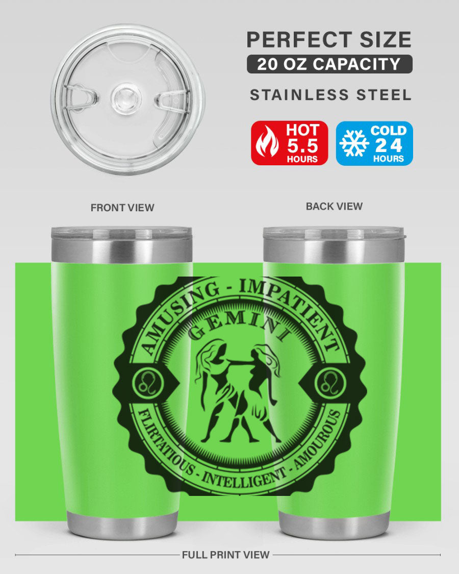 Gemini 11# zodiac tumbler in stainless steel with a vibrant design, showcasing its double wall vacuum insulation and drink-thru lid.