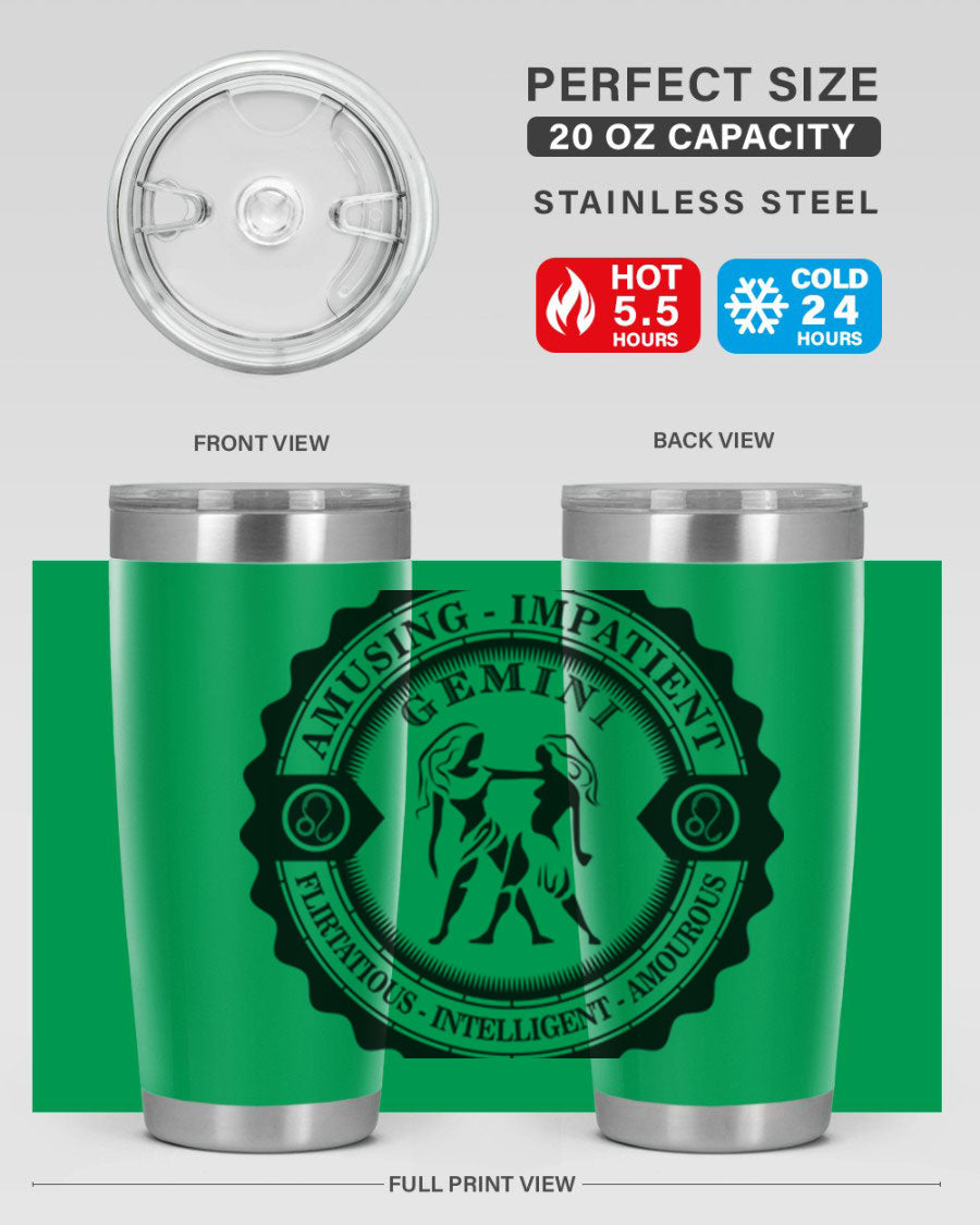 Gemini 11# zodiac tumbler in stainless steel with a vibrant design, showcasing its double wall vacuum insulation and drink-thru lid.