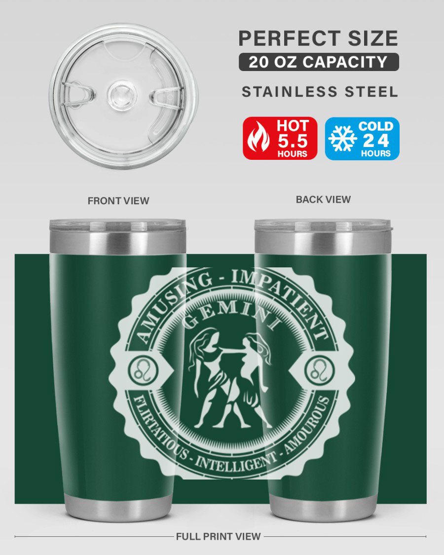 Gemini 12# Zodiac Tumbler in stainless steel with a stylish design, perfect for hot and cold beverages.
