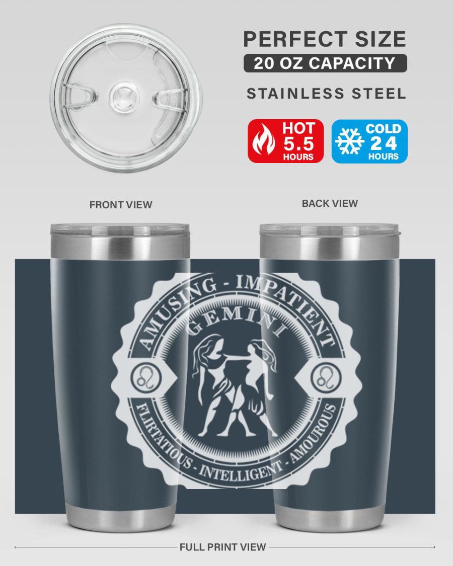 Gemini 12# Zodiac Tumbler in stainless steel with a stylish design, perfect for hot and cold beverages.