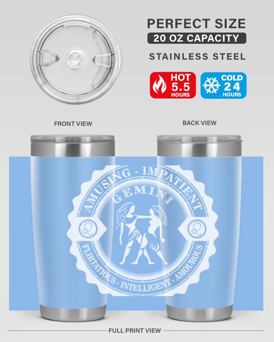 Gemini 12# Zodiac Tumbler in stainless steel with a stylish design, perfect for hot and cold beverages.