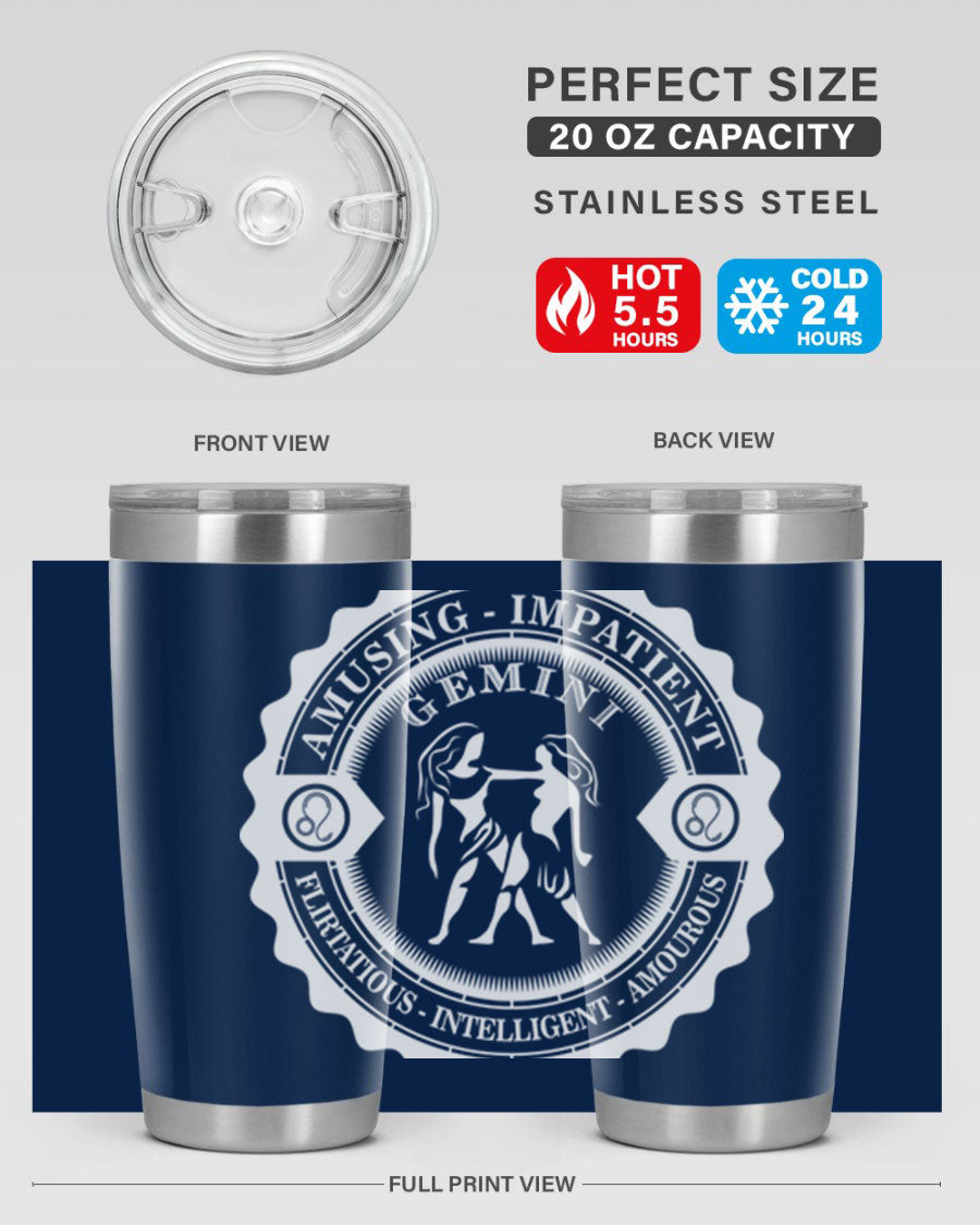 Gemini 12# Zodiac Tumbler in stainless steel with a stylish design, perfect for hot and cold beverages.