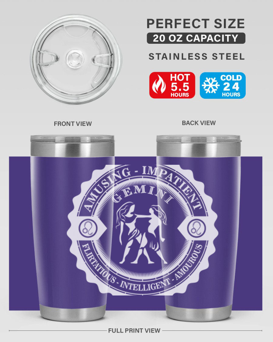 Gemini 12# Zodiac Tumbler in stainless steel with a stylish design, perfect for hot and cold beverages.