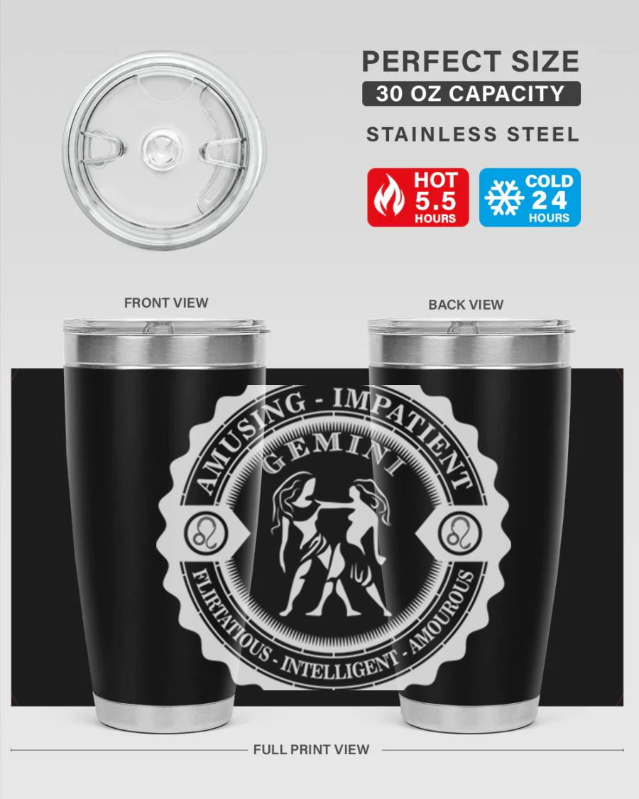 Gemini 12# Zodiac Tumbler in stainless steel with a stylish design, perfect for hot and cold beverages.