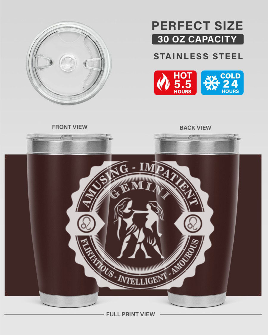 Gemini 12# Zodiac Tumbler in stainless steel with a stylish design, perfect for hot and cold beverages.