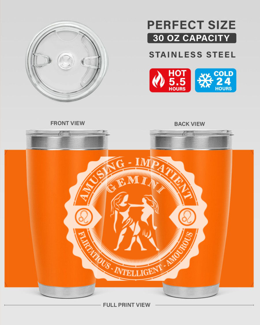 Gemini 12# Zodiac Tumbler in stainless steel with a stylish design, perfect for hot and cold beverages.