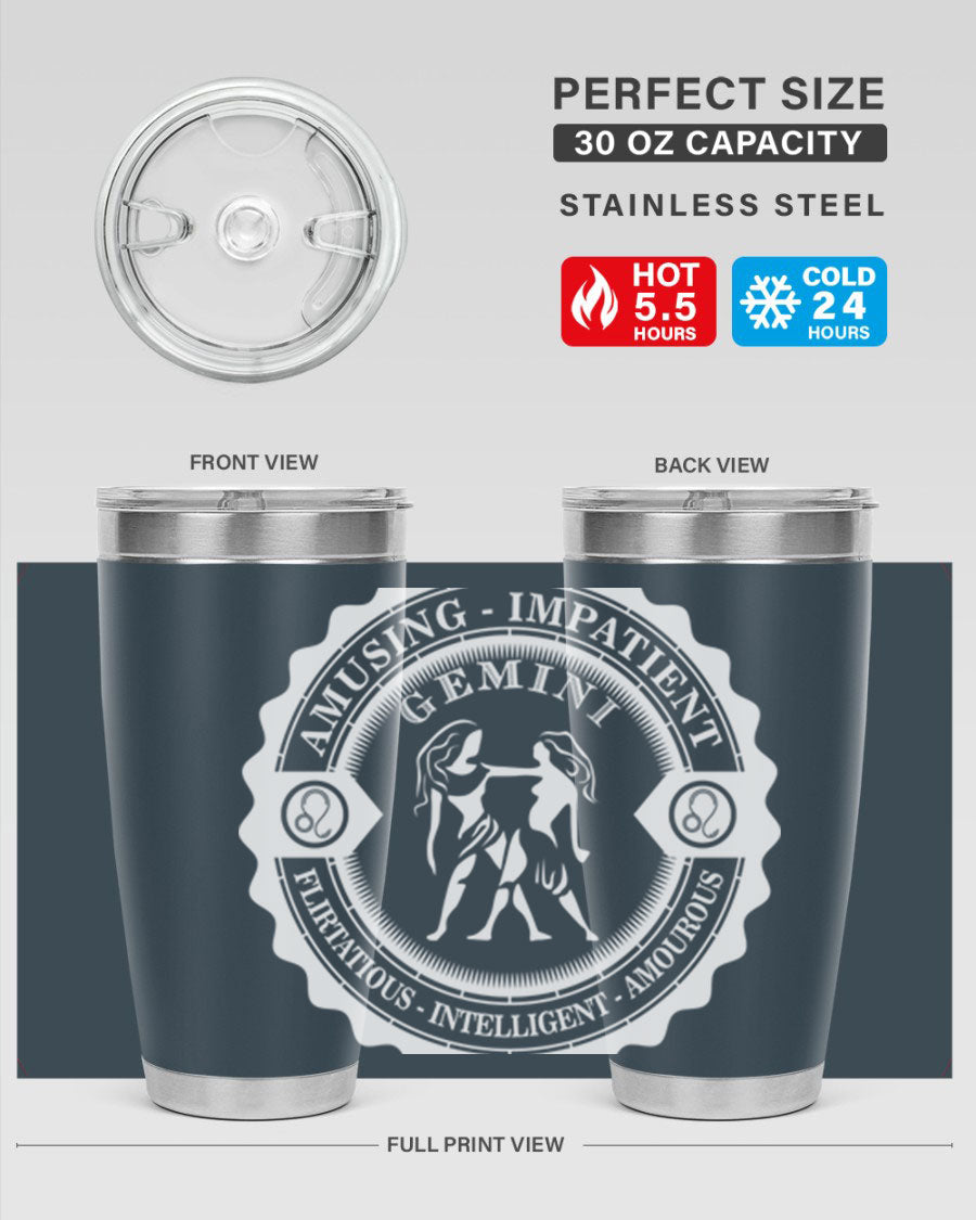 Gemini 12# Zodiac Tumbler in stainless steel with a stylish design, perfect for hot and cold beverages.
