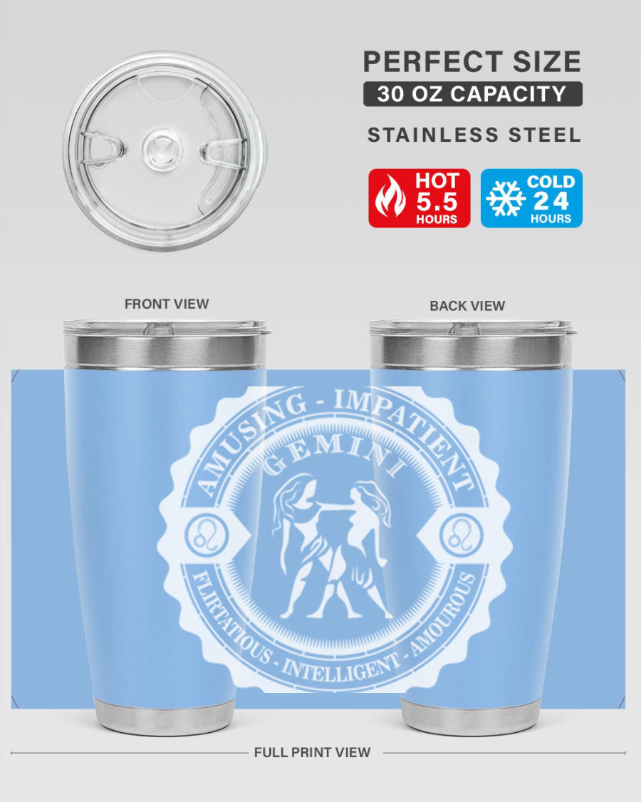 Gemini 12# Zodiac Tumbler in stainless steel with a stylish design, perfect for hot and cold beverages.