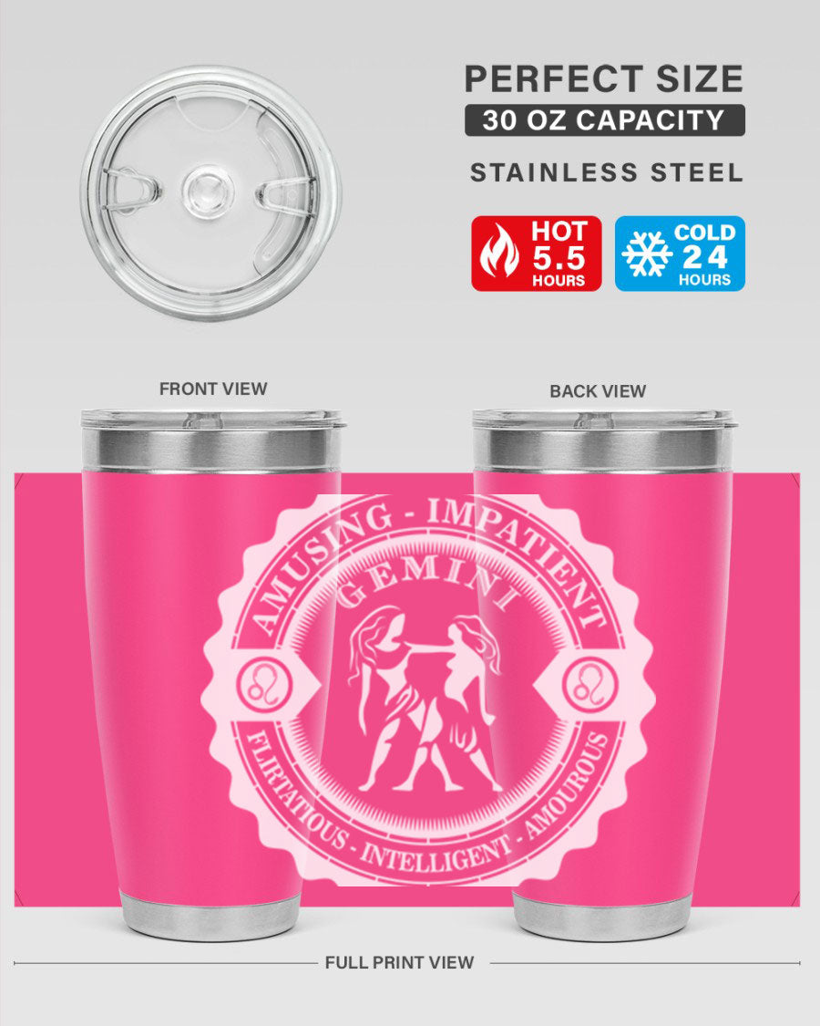 Gemini 12# Zodiac Tumbler in stainless steel with a stylish design, perfect for hot and cold beverages.