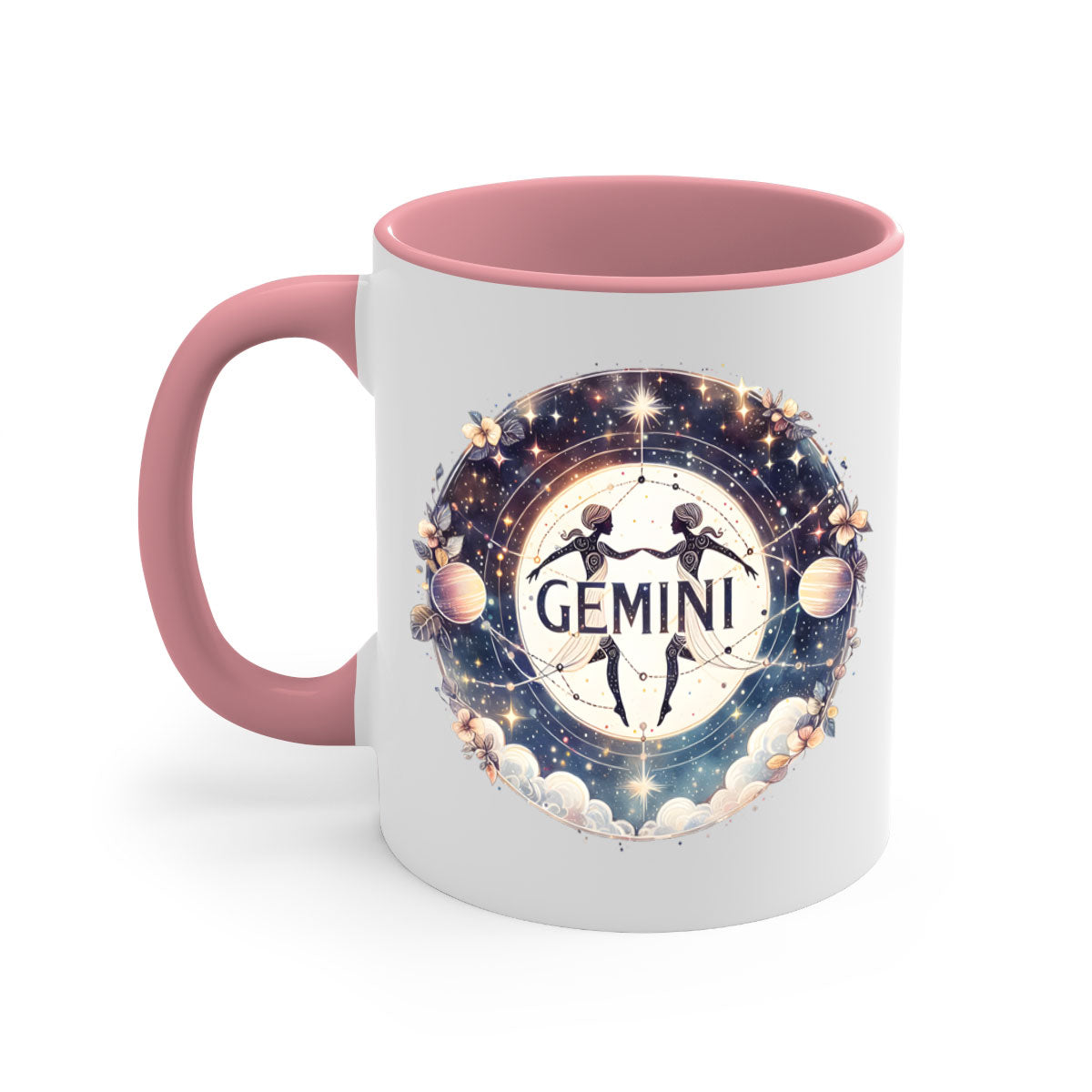 Gemini 237# Zodiac Mug with colorful handle and glossy finish, available in multiple colors and sizes.