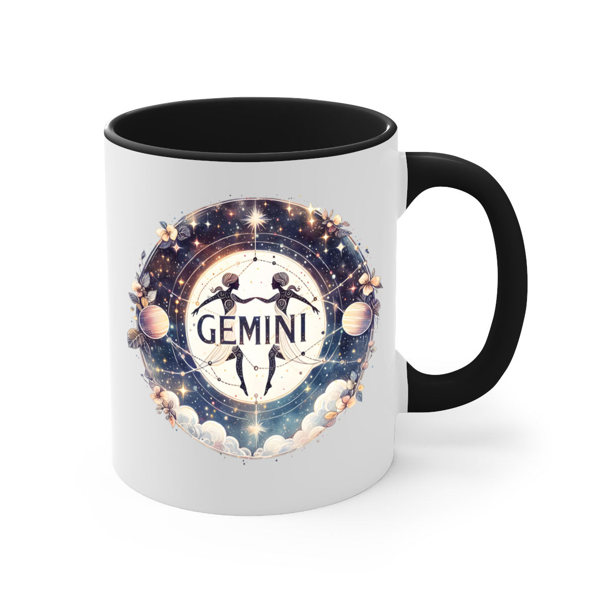 Gemini 237# Zodiac Mug with colorful handle and glossy finish, available in multiple colors and sizes.