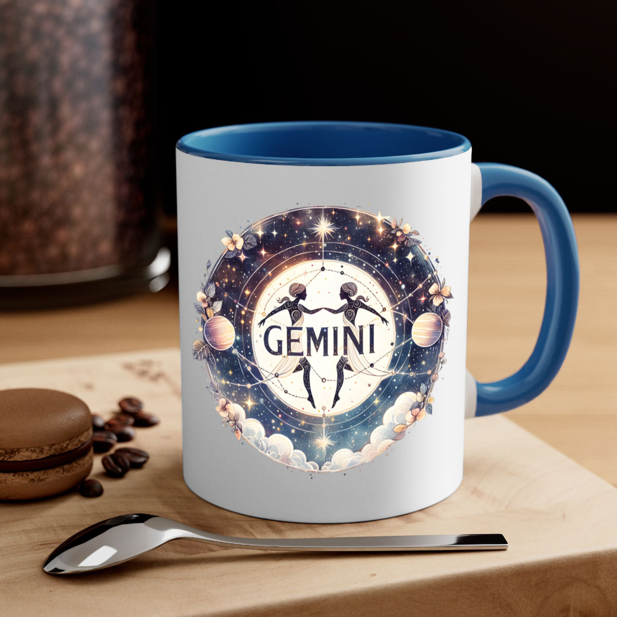 Gemini 237# Zodiac Mug with colorful handle and glossy finish, available in multiple colors and sizes.