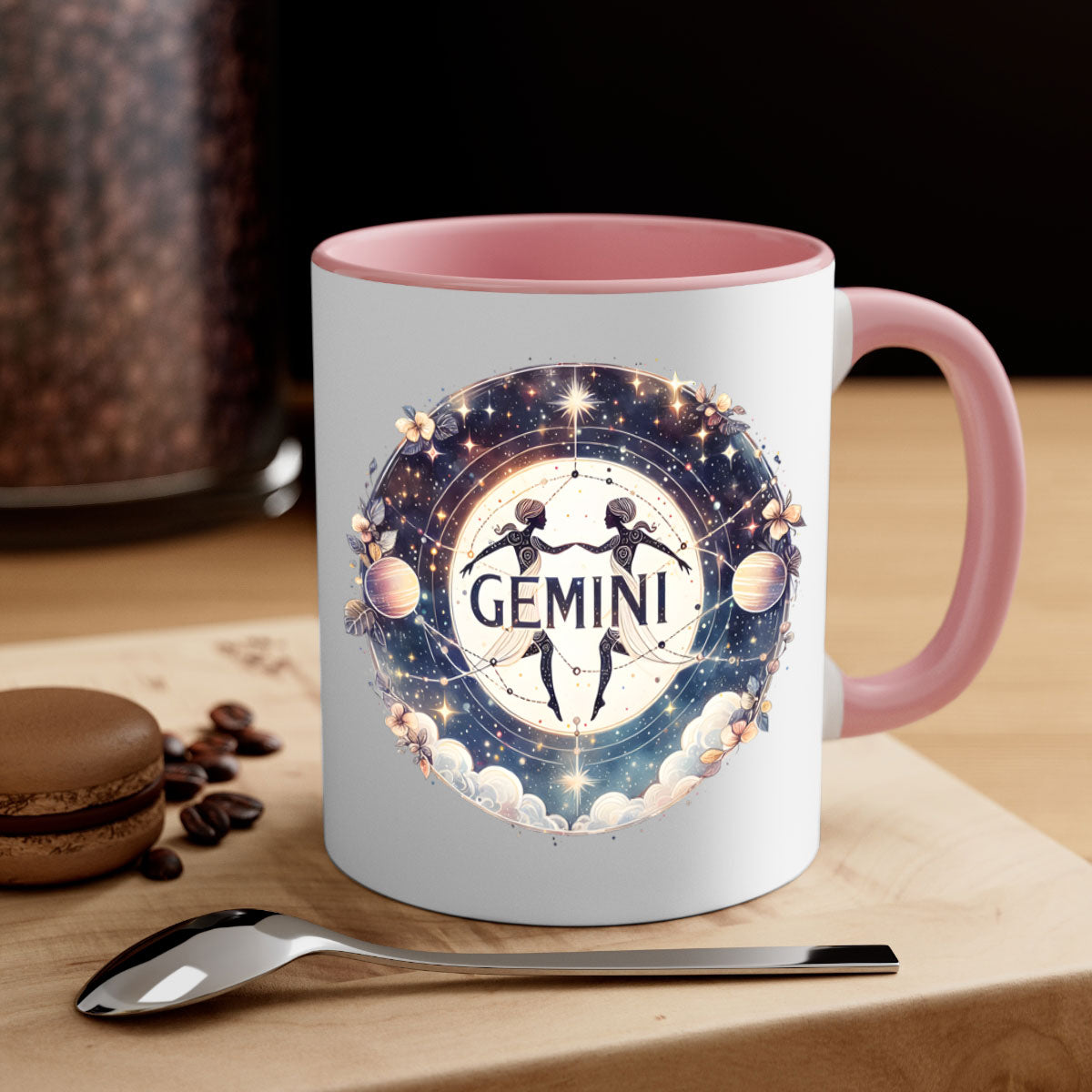 Gemini 237# Zodiac Mug with colorful handle and glossy finish, available in multiple colors and sizes.