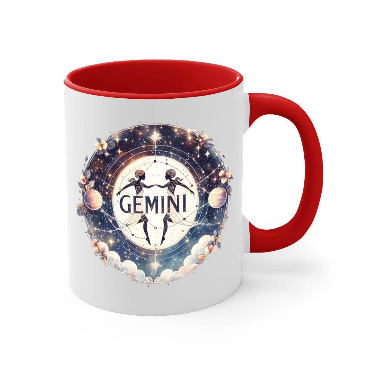 Gemini 237# Zodiac Mug with colorful handle and glossy finish, available in multiple colors and sizes.