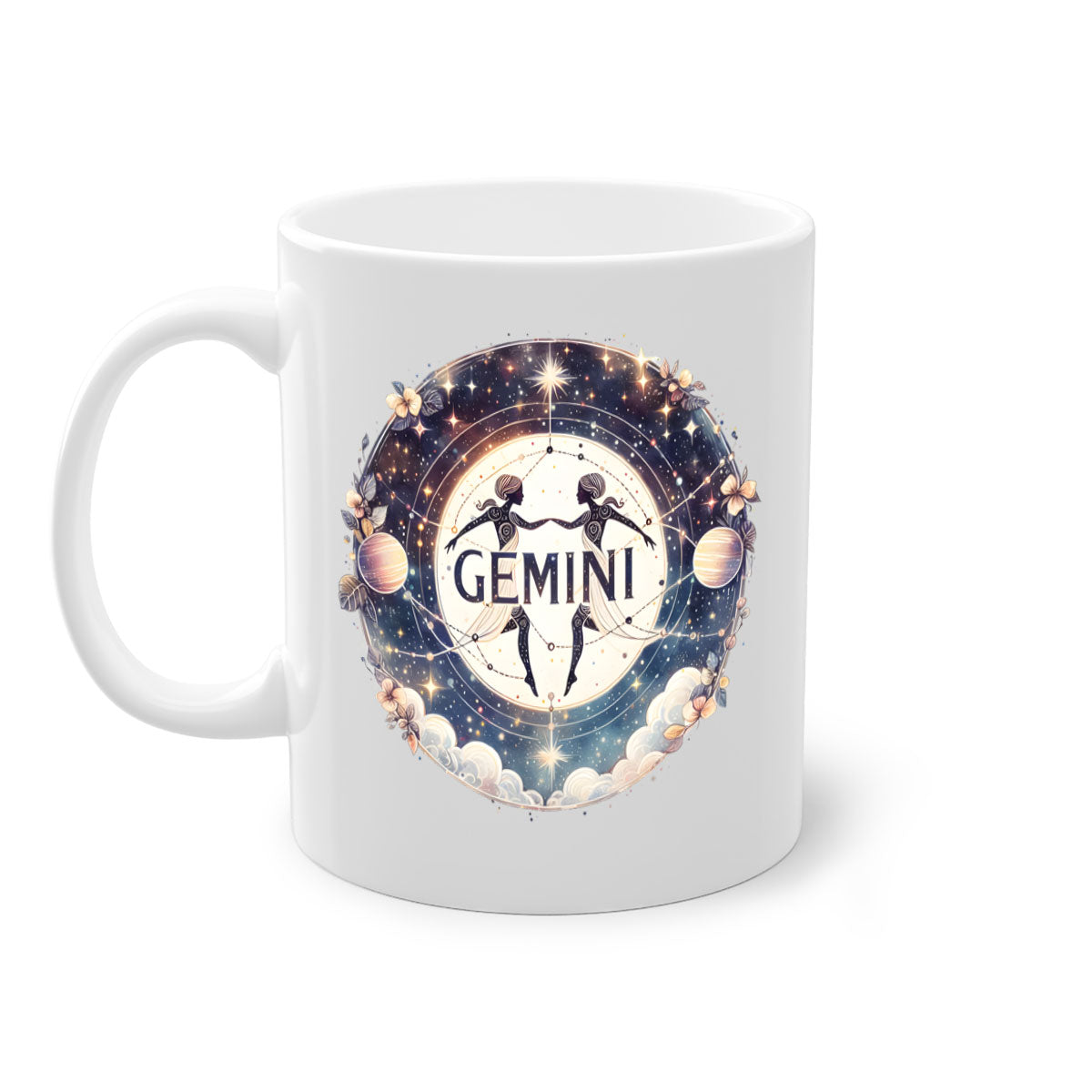 Gemini 237# Zodiac Mug with colorful handle and glossy finish, available in multiple colors and sizes.