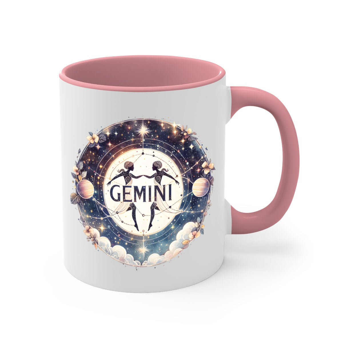 Gemini 237# Zodiac Mug with colorful handle and glossy finish, available in multiple colors and sizes.