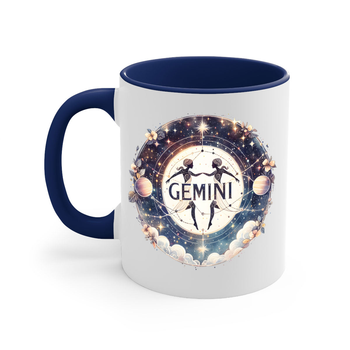 Gemini 237# Zodiac Mug with colorful handle and glossy finish, available in multiple colors and sizes.